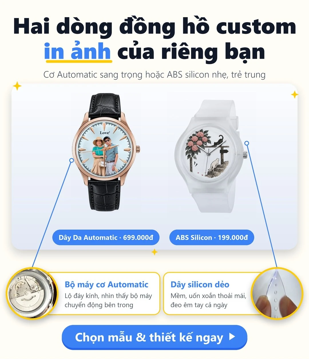 Hai dòng đồng hồ custom in ảnh: Automatic và ABS Silicon